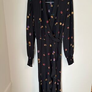 Cabi The Divine Dress Sz m Black Floral‎ Long Sleeve Midi Wrap Dress Bloom Print